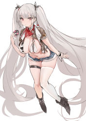 Rule 34 | 1girl, absurdly long hair, absurdres, alternate costume, animal print, azur lane, bandana, bikini, bikini top only, black footwear, blue shorts, blush, boots, breasts, brown vest, choker, cleavage, closed mouth, cow print, cow print bikini, cowboy western, cowgirl (western), cropped jacket, cutoffs, denim, denim shorts, doughnut, eyelashes, food, formidable (azur lane), full body, grey hair, hair ribbon, hand up, highres, holding, holding food, jacket, kincora, large breasts, leaning forward, long hair, looking at viewer, micro shorts, midriff, navel, open clothes, open jacket, print bikini, red bandana, red eyes, ribbon, scarf, shirt, short shorts, short sleeves, shorts, simple background, single thighhigh, sketch, skindentation, solo, standing, stomach, swimsuit, thigh strap, thighhighs, thighs, twintails, underwear, very long hair, vest, white background, white bikini, white thighhighs
