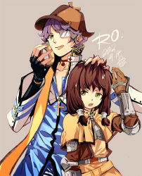 Rule 34 | 1boy, 1girl, arch bishop (ragnarok online), bandage over one eye, black gloves, blue coat, brown capelet, brown dress, brown hair, brown headwear, capelet, chest guard, choker, closed mouth, coat, commentary request, cowboy shot, cropped jacket, cross, cross necklace, dated, deerstalker, doughnut, dress, fingerless gloves, food, gauntlets, gloves, green eyes, hand on another&#039;s head, hat, holding, holding food, iko 831, jacket, jewelry, long hair, long sleeves, looking at viewer, necklace, open mouth, purple hair, ragnarok online, short hair, simple background, sweatdrop, swordsman (ragnarok online), white jacket