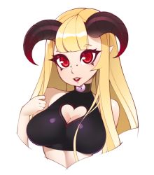 Rule 34 | 1girl, bare shoulders, blonde hair, blunt bangs, breasts, bustier, choker, cleavage, cleavage cutout, clothing cutout, commentary, commission, demon girl, demon horns, halphelt, heart cutout, horns, lip piercing, lipstick, long hair, looking at viewer, makeup, nose piercing, original, parted lips, piercing, pointy ears, red eyes, red lips, ringed eyes, simple background, solo, upper body, white background