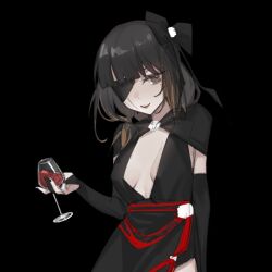 Rule 34 | 1girl, alcohol, black background, black bridal gauntlets, black dress, black hair, bow, breasts, bridal gauntlets, brown eyes, cleavage, cup, dress, drinking glass, elbow gloves, eyepatch, girls&#039; frontline, gloves, hair bow, highres, holding, holding cup, long hair, looking at viewer, m16a1 (blazer of the trail) (girls&#039; frontline), m16a1 (girls&#039; frontline), medium breasts, mole, mole under eye, scar, scar on face, simple background, smile, solo, taiyang ami, upper body, wine, wine glass