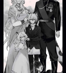 Rule 34 | 2boys, 3girls, aged down, ahoge, aiguillette, animal ear fluff, animal ears, arknights, ascot, baby, bead necklace, beads, belt, brother and sister, cliffheart (arknights), closed mouth, cowboy shot, dress, father and daughter, father and son, formal, greyscale, hair between eyes, head out of frame, holding baby, jewelry, kaifei (kaifei 29), leopard ears, leopard tail, long hair, long sleeves, looking at viewer, medal, military, military uniform, monochrome, mother and daughter, mother and son, multiple boys, multiple girls, necklace, pants, pillarboxed, pramanix (arknights), shirt, short hair, siblings, silverash (arknights), sisters, smile, suit, tail, uniform, vest