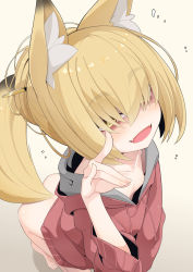 Rule 34 | 1girl, :d, animal ear fluff, animal ears, blonde hair, bottomless, breasts, collarbone, downblouse, fangs, female focus, fox ears, fox girl, fox shadow puppet, fox tail, from above, hair over eyes, highres, hood, hoodie, long bangs, looking at viewer, nabari (ogami kazuki), no bra, ogami kazuki, open mouth, original, small breasts, smile, solo, tail, yellow eyes