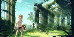Rule 34 | 1boy, ahoge, arsh (thestarwish), bird, blonde hair, blurry, blurry background, brown hair, brown pants, collarbone, commentary request, day, grass, highres, holding, holding shield, holding sword, holding weapon, link, long sleeves, male focus, nintendo, outdoors, pants, pointy ears, ruins, scenery, shield, shirt, signature, sky, solo, standing, statue, sword, the legend of zelda, the legend of zelda: breath of the wild, torn clothes, torn pants, torn shirt, tree, weapon, white shirt, window