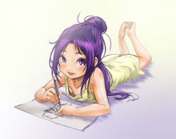 Rule 34 | 00s, 1girl, barefoot, blush, drawing, futari wa precure splash star, legs up, long hair, looking at viewer, lying, matching hair/eyes, mishou mai, on stomach, open mouth, precure, purple eyes, purple hair, solo, tagme