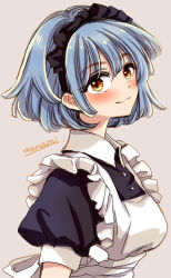 Rule 34 | 1girl, apron, artist name, black dress, blue hair, blush, breasts, buttons, closed mouth, commentary request, dress, frilled apron, frills, grey background, happy, looking at viewer, maid, maid apron, maid headdress, medium breasts, orange eyes, original, puffy short sleeves, puffy sleeves, short hair, short sleeves, signature, simple background, smile, solo, sugano manami, upper body, white apron