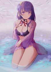 Rule 34 | 1girl, absurdres, bare shoulders, bikini, blush, bow, breast suppress, breasts, cleavage, frilled bikini, frills, genshin impact, hair ornament, highres, karu (karusenpai), large breasts, long hair, long sleeves, looking at viewer, mole, mole under eye, open clothes, open shirt, petals, purple eyes, purple hair, raiden shogun, red bow, see-through, seiza, shallow water, sidelocks, single bare shoulder, sitting, sitting on water, solo, swimsuit, thighs, water