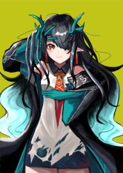 Rule 34 | 1girl, absurdres, aqua hair, arknights, bare shoulders, black hair, black jacket, breasts, collared dress, colored inner hair, colored skin, commentary request, dragon girl, dragon horns, dress, dusk (arknights), earrings, green horns, green skin, hair over one eye, highres, holding, holding hair, horns, jacket, jewelry, leansdsd, long hair, looking at viewer, multicolored hair, necktie, pointy ears, red eyes, red necktie, simple background, small breasts, smile, solo, streaked hair, tassel, tassel earrings, white dress, yellow background