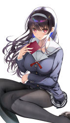 Rule 34 | 1girl, asahina hikage, black hair, black pantyhose, blush, book, breasts, commentary request, hairband, highres, kasumigaoka utaha, large breasts, loafers, long hair, looking at viewer, pantyhose, parted lips, pleated skirt, red eyes, saenai heroine no sodatekata, school uniform, serafuku, shoes, simple background, sitting, skirt, solo, white background