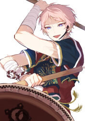 Rule 34 | 1boy, absurdres, arm up, bandaged arm, bandages, commentary request, ensemble stars!, headset, highres, holding, itsuki shu, male focus, motion blur, open mouth, pink eyes, purple eyes, short bangs, short hair, short sleeves, solo, upper body, wednesday 108, white background