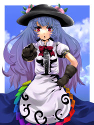 Rule 34 | 1girl, blue hair, blush, cloud, day, dress, female focus, food, fruit, gloves, hand on own hip, hat, hinanawi tenshi, hip focus, long hair, outdoors, peach, pointing, red eyes, sky, solo, standing, touhou, yamineko