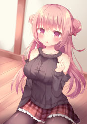 Rule 34 | 1girl, :o, absurdres, bad id, bad pixiv id, bare shoulders, blurry, blurry background, blush, bow, breasts, brown pantyhose, brown sweater, clenched hand, collarbone, commentary request, depth of field, double bun, hair bow, hair bun, hand up, highres, large breasts, long hair, long sleeves, looking at viewer, mole, on floor, original, pantyhose, parted lips, pink hair, plaid, plaid skirt, pleated skirt, red bow, red eyes, red skirt, ribbed sweater, side bun, sidelocks, sitting, skirt, sleeves past wrists, solo, sweater, tsuruse, very long hair, wooden floor