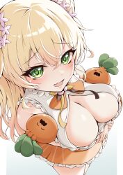 Rule 34 | 1girl, absurdres, arms under breasts, bare shoulders, bell, blonde hair, blush, bow, bowtie, breast hold, breast lift, breasts, brown bow, brown bowtie, character doll, cleavage, cleavage cutout, clothing cutout, double bun, fang, flower, foreshortening, frilled shirt, frilled skirt, frills, from above, gradient background, gradient hair, green eyes, hair bun, hair flower, hair ornament, highres, hololive, iikiroro, jingle bell, large breasts, long hair, looking at viewer, miniskirt, momosuzu nene, momosuzu nene (1st costume), multicolored bowtie, multicolored hair, neck bell, nekko (momosuzu nene), open mouth, orange bow, orange bowtie, orange skirt, peach ornament, shirt, side up bun, skin fang, skirt, sleeveless, sleeveless shirt, smile, solo, two side up, virtual youtuber, yellow bow, yellow bowtie