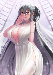 Rule 34 | 1girl, absurdres, ahoge, artist name, azur lane, black hair, blush, breasts, bridal veil, cleavage, commentary, dress, earrings, english commentary, hair between eyes, hair ornament, highres, huge breasts, jewelry, katou shinobu, lips, long hair, looking at viewer, mixed-language commentary, official alternate costume, open mouth, red eyes, smile, solo, taihou (azur lane), taihou (temptation on the sea breeze) (azur lane), veil, very long hair, wedding dress, white dress