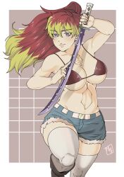 1girl ao_no_exorcist bikini bikini_top_only breasts cleavage denim denim_shorts highres kirigakure_shura large_breasts looking_at_viewer midriff navel ponytail red_eyes red_hair short_shorts shorts smile solo stomach_tattoo sword tattoo thick_thighs thighs weapon