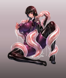 Rule 34 | 1girl, black hair, bodysuit, breasts, cameltoe, covered erect nipples, impossible bodysuit, impossible clothes, kamori sayaka, large breasts, latex, long hair, original, purple bodysuit, purple eyes, rindou (radical dream), shiny clothes, skin tight, slime (substance), solo, tentacles, worm