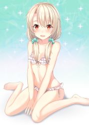Rule 34 | 1girl, :d, aqua background, bare arms, bare legs, bare shoulders, barefoot, between legs, bikini, blush, breasts, collarbone, commentary request, fang, fate/grand order, fate (series), frilled bikini, frills, front-tie bikini top, front-tie top, hair between eyes, hair over shoulder, hand between legs, highres, illyasviel von einzbern, light brown hair, looking at viewer, low twintails, open mouth, red eyes, side-tie bikini bottom, sitting, small breasts, smile, solo, sparkle, sunsuke, swimsuit, twintails, v arms, wariza, white bikini