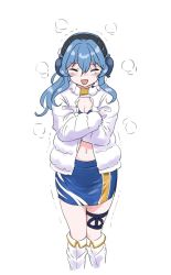 Rule 34 | 1girl, blue hair, blue skirt, cold, commentary request, cowboy shot, crossed arms, closed eyes, facing viewer, gotland (kancolle), hair bun, headphones, headset, jacket, kantai collection, long hair, midriff, mole, mole under eye, race queen, simple background, single hair bun, skirt, smile, solo, tamu (mad works), thigh strap, white background, white footwear, white jacket