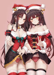 Rule 34 | 2girls, absurdres, bare shoulders, black choker, black hair, black skirt, bow, bowtie, breasts, center opening, choker, christmas, cleavage, clothes lift, collarbone, cowboy shot, fur trim, girls&#039; frontline, gradient hair, hat, highres, large breasts, lifting own clothes, long hair, long sleeves, looking at viewer, m14 (girls&#039; frontline), m14 (xmas parade) (girls&#039; frontline), m21 (girls&#039; frontline), m21 (xmas at home) (girls&#039; frontline), miniskirt, multicolored hair, multiple girls, navel, official alternate costume, orange eyes, panties, parted lips, pleated skirt, red headwear, red legwear, red panties, red shirt, revealing clothes, ru zhai, santa costume, santa hat, shirt, skirt, skirt lift, smile, standing, thigh strap, thighhighs, thighs, underwear, very long hair, wavy mouth, yellow eyes
