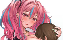 Rule 34 | 1boy, 1girl, azur lane, blush, breasts, bremerton (azur lane), brown eyes, commission, eye piercing, gyudan (t1k 7), hug, hug from behind, jewelry, large breasts, long hair, looking at another, mole, mole on breast, mole under eye, multicolored hair, necklace, open mouth, pink hair, skeb commission, twintails, white background