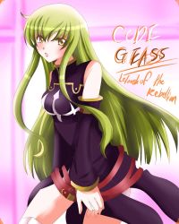 Rule 34 | 1girl, bare shoulders, c.c., code geass, detached sleeves, female focus, gradient background, green hair, highres, hisui (pixiv1062270), long hair, military, military uniform, solo, uniform, yellow eyes
