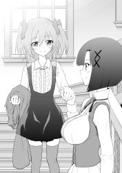 Rule 34 | 2girls, blouse, blush, breasts, center frills, collared shirt, dress, frilled shirt, frills, greyscale, hair ornament, hair ribbon, holding hands, highres, indoors, jewelry, large breasts, long hair, long sleeves, looking at another, monochrome, multiple girls, necklace, ribbon, shirt, short hair, skirt, smile, stairs, thighhighs, underbust, window, x hair ornament, yuri, yuto (dialique), zettai ryouiki