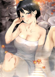 Rule 34 | 1girl, absurdres, bare arms, bare shoulders, bathing, black hair, blue eyes, blush, breasts, cleavage, closed mouth, fingernails, half-closed eyes, hand up, head tilt, highres, knee up, large breasts, leaf, looking at viewer, naked towel, onsen, original, partially submerged, pija (pianiishimo), ripples, scan, short hair, smile, solo focus, toranoana, towel, wet, wet clothes, white towel
