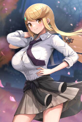 Rule 34 | 1girl, arm up, backpack, bag, black necktie, blonde hair, bralines, breasts, brown eyes, button gap, closed mouth, clothes around waist, collared shirt, contrapposto, cowboy shot, gonzarez, hand on own hip, highres, large breasts, long hair, looking at viewer, miniskirt, mythra (xenoblade), necktie, petals, pleated skirt, see-through silhouette, shirt, shirt tucked in, skirt, sleeves rolled up, smile, solo, sweater, sweater around waist, swept bangs, taut clothes, taut shirt, white shirt, wind, wind lift, xenoblade chronicles (series), xenoblade chronicles 2