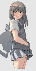 Rule 34 | 1girl, black hair, black skirt, black vest, blue ribbon, blush, buttons, commentary request, cropped legs, ergot, gloves, grey background, hair between eyes, hayashio (kancolle), highres, kantai collection, long hair, looking at viewer, mole, mole under eye, neck ribbon, open mouth, orange eyes, pleated skirt, ribbon, school uniform, shirt, short sleeves, simple background, skirt, solo, vest, white gloves, white shirt