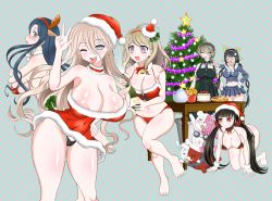 Rule 34 | 2mascots, 6+girls, akamatsu kaede, alcohol, antlers, arm up, bare arms, bare legs, bare shoulders, bare stomach, barefoot, bell, bent over, black dress, black hair, black headdress, black headwear, black panties, blonde hair, blue eyes, blue hair, blue necktie, blue shirt, blue skirt, blush, bottle, bow, bow bra, bowtie, bra, breasts, brown hair, bucket, cake, cameltoe, chabashira tenko, champagne, champagne bottle, choker, christmas, christmas lights, christmas ornaments, christmas tree, cleavage, closed eyes, closed mouth, collar, collarbone, crawling, danganronpa (series), danganronpa 2: goodbye despair, danganronpa v3: killing harmony, dress, drink, earrings, ears, eyelashes, feet out of frame, female focus, fingernails, fluff, fluffy, fluffy collar, food, fortissimo, fried chicken, frown, full body, fuzzy hat, glasses, glasses on head, gluteal fold, green background, green eyes, green headwear, green ribbon, hair between eyes, hair ornament, hairband, hand on own hip, hand up, hands over breasts, harukawa maki, hat, headband, highres, holding, holding bottle, holding drink, horns, iruma miu, jewelry, large breasts, leaf, leaf hair ornament, leaf on head, leaning forward, long hair, long sleeves, looking at viewer, medium breasts, mole, mole under eye, monophanie, monotaro (danganronpa), multicolored background, multiple girls, musical note, musical note hair ornament, navel, neck bell, neck ribbon, necktie, nipples visible through clothes, one eye closed, open mouth, panties, partially undressed, pink background, pink hairband, pink headband, pink headwear, pizza, pleated dress, pleated skirt, pointing, purple eyes, red bow, red bra, red choker, red collar, red dress, red eyes, red hairband, red headband, red headwear, red panties, red ribbon, red scrunchie, reindeer, reindeer antlers, reindeer hair ornament, ribbon, round eyewear, sailor collar, santa costume, santa hat, scrunchie, shiny skin, shirogane tsumugi, shirt, shoulder blades, simple background, sitting, sitting on person, skirt, smile, standing, standing on one leg, star (symbol), star hair ornament, striped, striped background, sweat, sweatdrop, table, teapot, thighs, tojo kirumi, tongue, twintails, underwear, v, white choker, white collar, white cuffs, white shirt, white trim, wink, wooden table, wrist cuffs