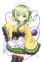 Rule 34 | 1girl, :o, adapted costume, apron, arm up, black thighhighs, blush, breasts, commentary request, contrapposto, cowboy shot, frilled sleeves, frills, green eyes, green hair, green skirt, heart, heart-shaped pupils, highres, japanese clothes, kimono, komeiji koishi, looking at viewer, maid, maid headdress, medium breasts, obi, petticoat, pleated skirt, sabana, sash, short hair, simple background, skirt, sleeves past fingers, sleeves past wrists, solo, symbol-shaped pupils, thighhighs, third eye, touhou, wa maid, waist apron, white background, yellow kimono