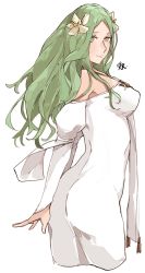 Rule 34 | 1girl, ass, bare shoulders, breasts, closed mouth, dress, female focus, fire emblem, fire emblem: three houses, flower, green eyes, green hair, hair flower, hair ornament, highres, large breasts, logo, long dress, long hair, long sleeves, matching hair/eyes, nintendo, off-shoulder dress, off shoulder, rhea (fire emblem), sakuremi, simple background, solo, tiara, white background, white dress