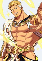 Rule 34 | 1boy, abs, bara, blonde hair, clothing cutout, crave saga, facial mark, floating, floating object, floating weapon, green eyes, grin, large pectorals, looking at viewer, male focus, mamoru (crave saga), multicolored hair, muscular, muscular male, nattukre, nipples, pectorals, reaching, reaching towards viewer, short hair, simple background, smile, solo, sparkle, sword, two-tone hair, unfinished, weapon, white hair