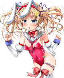 Rule 34 | 1girl, animal ears, blonde hair, blue eyes, breasts, cleavage, detached sleevees, fake animal ears, female focus, hair ornament, headdress, leotard, open mouth, original, playboy bunny, rabbit ears, rabbit tail, solo, stem (roam), tail, thighhighs, twintails, white background, white thighhighs