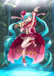 Rule 34 | 1girl, :d, absurdres, arm up, armpits, blue hair, detached sleeves, earrings, floating hair, flower, frills, full body, garter straps, hair flower, hair ornament, hatsune miku, high heels, highres, holding, holding microphone, jewelry, layered skirt, leg up, long hair, mayo riyo, microphone, open mouth, pink footwear, red eyes, red flower, shoes, skirt, smile, solo, standing, standing on one leg, striped clothes, striped thighhighs, thighhighs, twintails, vertical-striped clothes, vertical-striped thighhighs, very long hair, vocaloid, zettai ryouiki