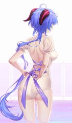 Rule 34 | 1girl, absurdres, adjusting clothes, ahoge, ass, back, backless outfit, blue bow, blue hair, blue ribbon, bow, dress, from behind, ganyu (genshin impact), genshin impact, highres, horns, idasu (hyun9164), long hair, partially submerged, purple eyes, ribbon, solo, standing, very long hair, white dress