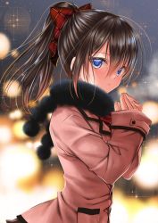 Rule 34 | 1girl, bad id, bad pixiv id, black scarf, blue eyes, blurry, blurry background, bokeh, bow, brown hair, closed mouth, commentary request, depth of field, expressionless, fingernails, floating hair, from side, hair between eyes, hair bow, hands up, highres, jacket, long hair, long sleeves, looking at viewer, looking to the side, original, pink jacket, plaid, plaid bow, plaid neckwear, pocket, ponytail, red neckwear, scarf, sidelocks, solo, sparkle, yuitanpo