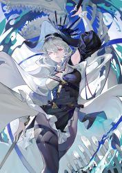 Rule 34 | 1girl, absurdres, arknights, armpits, belt, bingansuan jiamouren, cleavage cutout, closed mouth, clothing cutout, detached sleeves, grey hair, hair between eyes, hat, highres, holding, long hair, looking at viewer, red eyes, smile, specter (arknights), specter the unchained (arknights)