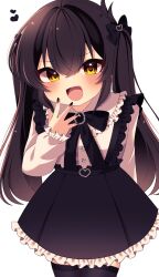 Rule 34 | 1girl, absurdres, black bow, black bowtie, black hair, black nails, black skirt, black thighhighs, blush, bow, bowtie, commentary request, cowboy shot, frilled shirt, frilled shirt collar, frilled skirt, frills, hair between eyes, hair bow, hand up, heart, highres, idolmaster, idolmaster cinderella girls, long hair, looking at viewer, maju risa, matoba risa, open mouth, shirt, skirt, smile, solo, suspender skirt, suspenders, thighhighs, twintails, v-shaped eyebrows, white background, white shirt, yellow eyes
