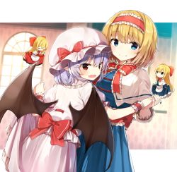 Rule 34 | 4girls, absurdres, alice margatroid, bat wings, black wings, blonde hair, blue eyes, blush, bow, bowtie, capelet, closed eyes, closed mouth, embarrassed, hair bow, hairband, hat, hat bow, highres, holding hands, hourai doll, long hair, looking at viewer, mob cap, multiple girls, open mouth, pink hat, pointy ears, purple hair, red bow, red eyes, red neckwear, remilia scarlet, shanghai doll, shnva, short hair, short sleeves, skirt, skirt hold, smile, touhou, white legwear, window, wings
