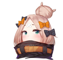 Rule 34 | 1girl, abigail williams (fate), abigail williams (traveling outfit) (fate), black bow, black jacket, blonde hair, blush, bow, commentary request, covered mouth, fate/grand order, fate (series), green eyes, hair bow, hair bun, highres, jacket, long hair, looking at viewer, official alternate costume, orange bow, parted bangs, polka dot, polka dot bow, portrait, shiliuyexiaohei, simple background, single hair bun, solo, white background
