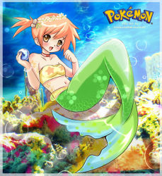 Rule 34 | 1girl, :d, arielucia, bandeau, blush, bracelet, bubble, choker, copyright name, coral, creatures (company), game freak, gem, head wreath, image sample, jewelry, logo, looking at viewer, mermaid, midriff, misty (pokemon), monster girl, navel, nintendo, open mouth, pearl (gemstone), photo background, pokemon, scales, side ponytail, sitting, smile, solo, strapless, tube top, underwater
