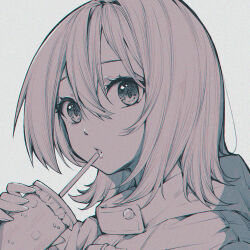 Rule 34 | 1girl, apu-chm, commentary request, cup, drinking straw, from side, greyscale, hair between eyes, holding, holding cup, hood, hood down, hooded jacket, jacket, looking at viewer, medium hair, monochrome, original, portrait, raised eyebrows, sidelocks, simple background, solo, white background