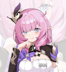 Rule 34 | 1girl, antenna hair, blue eyes, blush, breasts, cleavage, closed mouth, elysia (honkai impact), elysia (miss pink elf) (honkai impact), hair between eyes, hair ornament, hand on own cheek, hand on own face, highres, honkai (series), honkai impact 3rd, long sleeves, looking at viewer, pink hair, pointy ears, short hair, smile, solo, xishuu (user dvah3828)