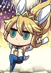 Rule 34 | 1girl, animal ears, april fools, artoria pendragon (all), artoria pendragon (fate), artoria pendragon (swimsuit ruler) (fate), blonde hair, blue pantyhose, braid, chibi, expressionless, fake animal ears, fate/grand order, fate (series), french braid, green eyes, hair between eyes, highres, leotard, long hair, navel, official art, outstretched arms, pantyhose, rabbit ears, riyo (lyomsnpmp), solo, v-shaped eyebrows, white leotard
