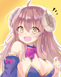 Rule 34 | 1girl, :d, ahoge, bare shoulders, blue sleeves, blush, bow, breasts, brown hair, cleavage, commentary request, curled horns, demon horns, detached sleeves, fangs, hair between eyes, hand up, highres, hizaka, horns, large breasts, looking at viewer, machikado mazoku, open mouth, outline, purple bow, smile, solo, upper body, white outline, yellow background, yellow eyes, yoshida yuuko (machikado mazoku)