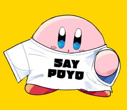 Rule 34 | blush stickers, clothes writing, colored skin, commentary request, kirby, kirby (series), looking at viewer, ni re, nintendo, no humans, pink skin, shirt, simple background, solid oval eyes, solo, white shirt, yellow background