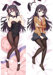Rule 34 | 1girl, animal ears, ankle cuffs, bed sheet, black hair, black leotard, black necktie, black pantyhose, black skirt, blouse, blue eyes, bow, bowtie, breasts, brown jacket, cleavage, closed mouth, collared shirt, covered navel, dakimakura (medium), detached collar, fake animal ears, from above, full body, hair between eyes, jacket, leotard, long hair, long sleeves, looking at viewer, lying, medium breasts, miniskirt, moeanime, necktie, on back, pantyhose, parted lips, playboy bunny, pleated skirt, rabbit ears, red necktie, sakurajima mai, school uniform, seishun buta yarou, shirt, skirt, smile, solo, strapless, strapless leotard, traditional bowtie, very long hair, white shirt, wing collar, wrist cuffs