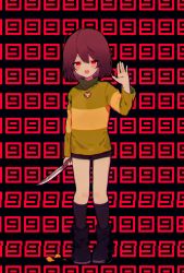 Rule 34 | 1other, :d, ahoge, black socks, blush, boots, brown footwear, brown hair, brown shorts, chara (undertale), commentary request, full body, green sweater, heart, heart necklace, highres, jewelry, long sleeves, looking at viewer, necklace, open mouth, red eyes, short hair, shorts, smile, socks, solo, sweater, undertale, waving, y o u k a