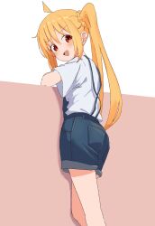 Rule 34 | 1girl, absurdres, against wall, ahoge, blonde hair, blush, bocchi the rock!, commentary, denim, denim shorts, detached ahoge, from behind, from below, highres, ijichi nijika, looking at viewer, looking back, one side up, open mouth, orange eyes, overalls, shirt, shorts, simple background, smug, solo, spell phd, thighs, two-tone background, v-shaped eyebrows, white shirt
