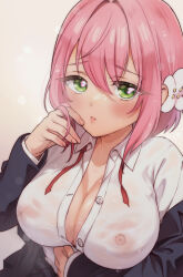 Rule 34 | 1girl, black jacket, blush, bob cut, breasts, cleavage, closed mouth, collared shirt, commentary request, covered erect nipples, dot nose, fingernails, flower, green eyes, hair between eyes, hair flower, hair intakes, hair ornament, hanazono hakari, hand on own stomach, highres, huge breasts, jacket, kimi no koto ga dai dai dai dai daisuki na 100-nin no kanojo, light particles, lips, long sleeves, looking at viewer, medium hair, neck ribbon, open clothes, open jacket, open shirt, pink background, pink hair, red ribbon, ribbon, shirt, simple background, sleeves past wrists, solo, unbuttoned, unbuttoned shirt, upper body, wet, wet clothes, wet hair, wet shirt, white flower, white shirt, yumemi teer